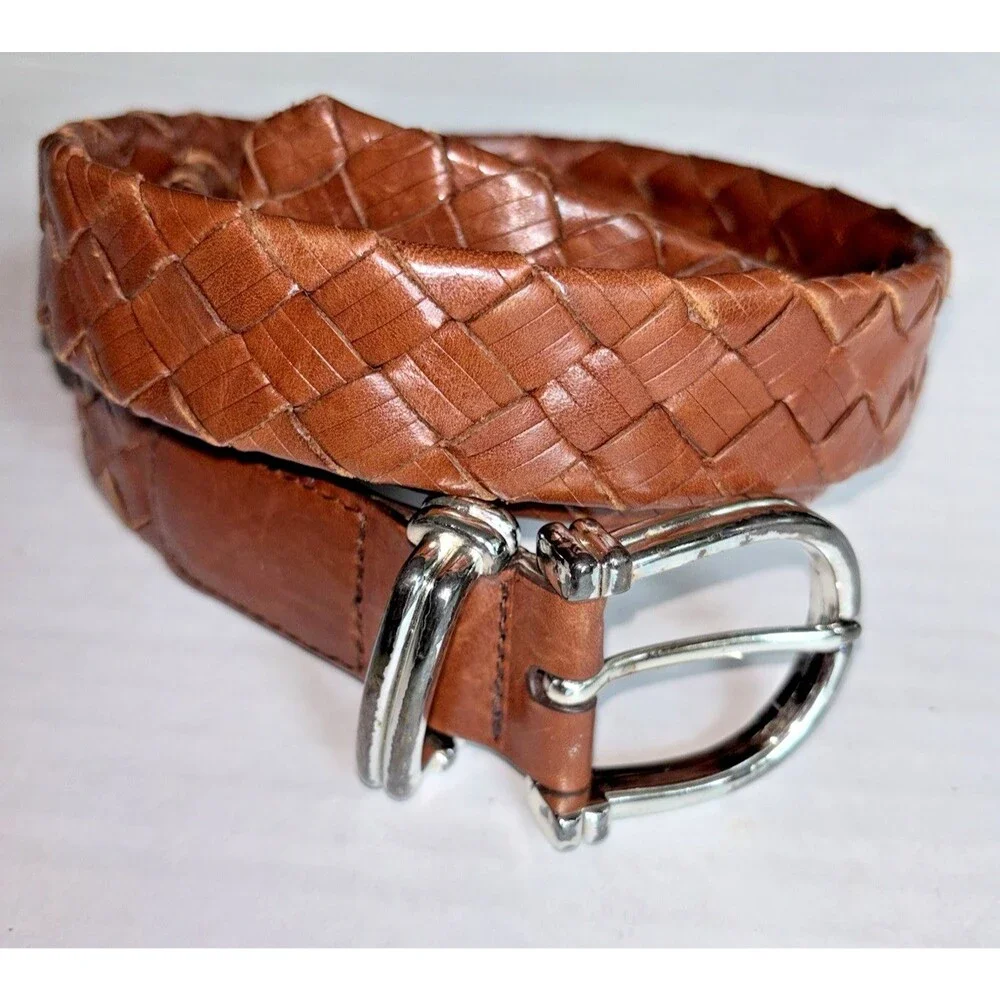 Cole Haan Belt Braided Leather Brown L 40”/100 Silver Buckle  A09374